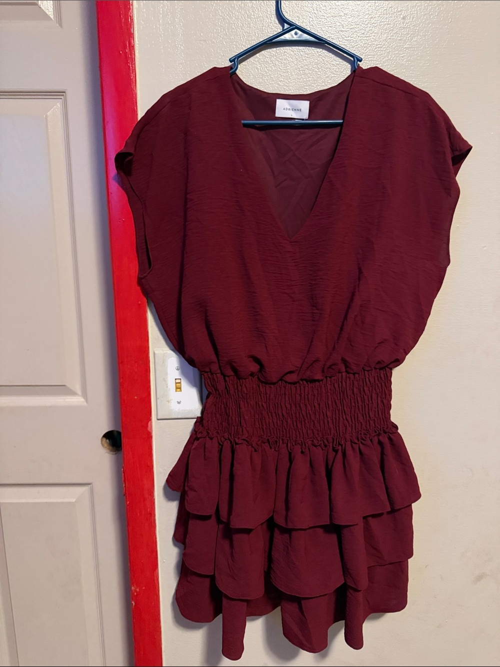 Adrienne Burgundy V-Neck Ruffle Tiered Mini Dress